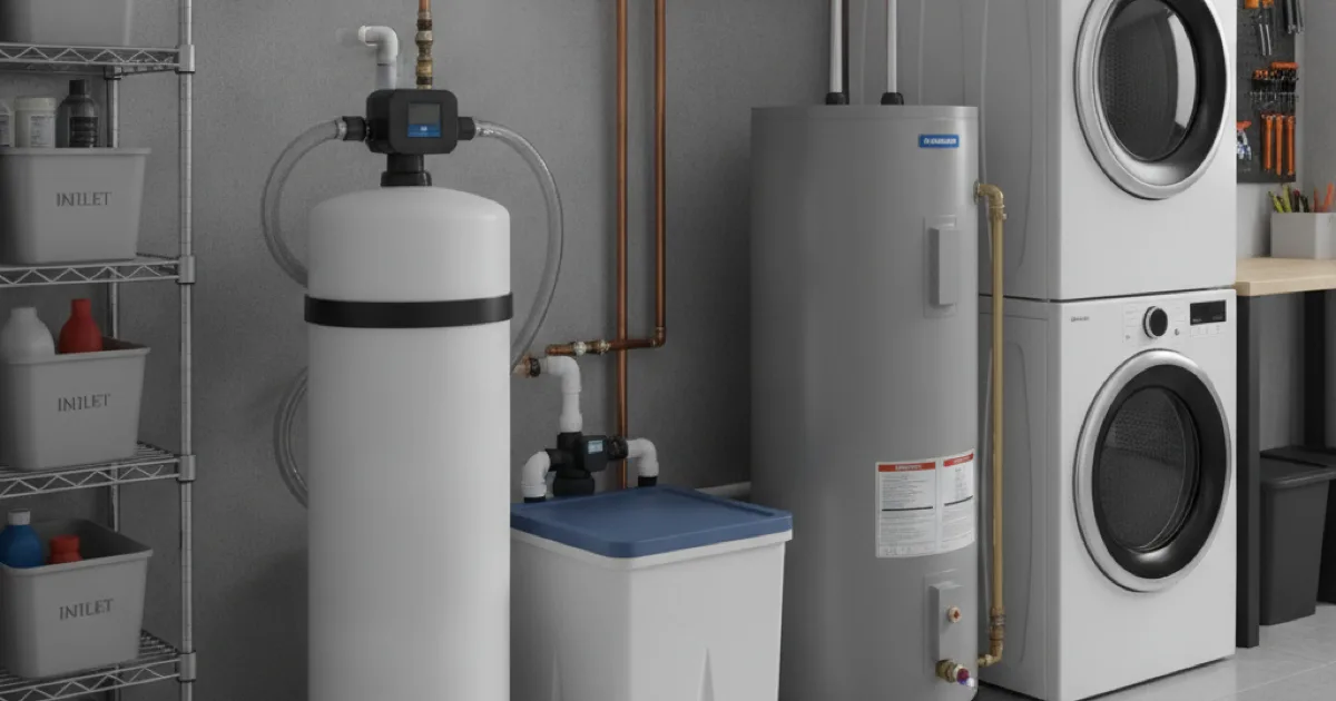 A water softener system installed in a clean, organized utility room